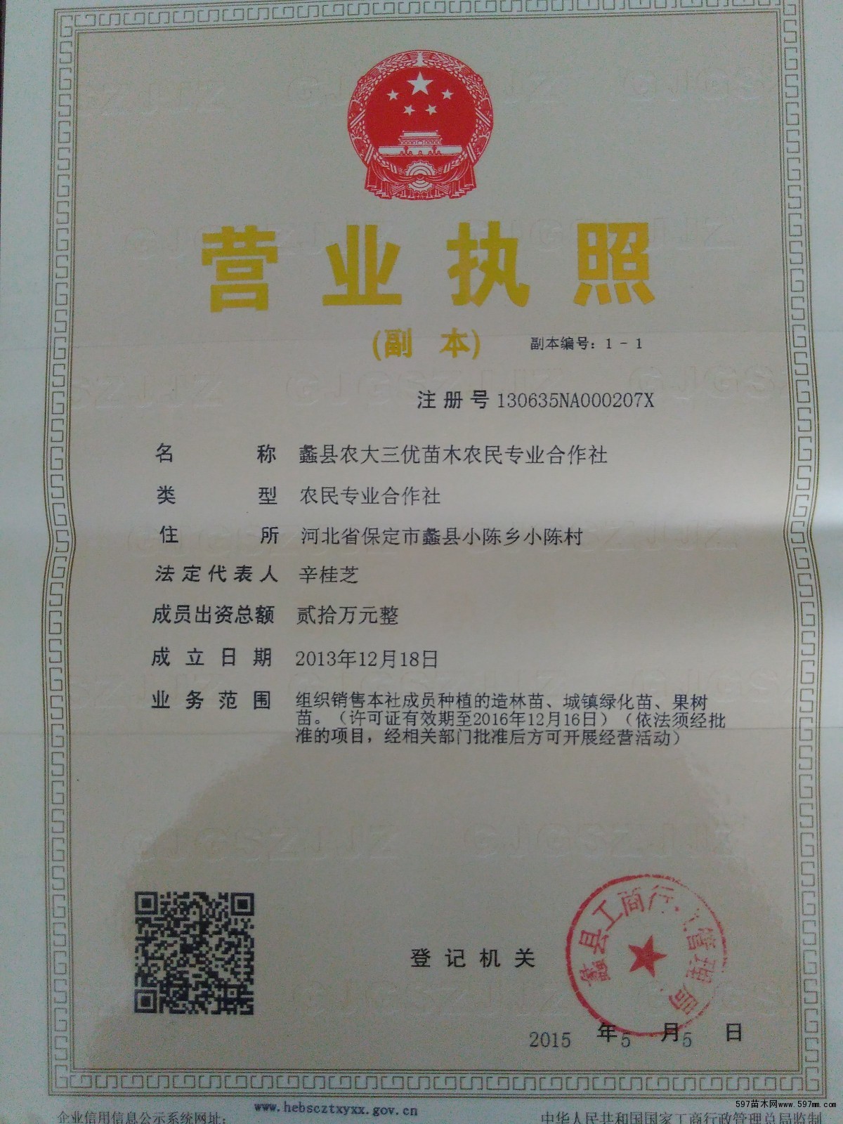 蠡县农大三优苗木农民专业合作社 住所:河北省保定市蠡县小陈乡小陈村